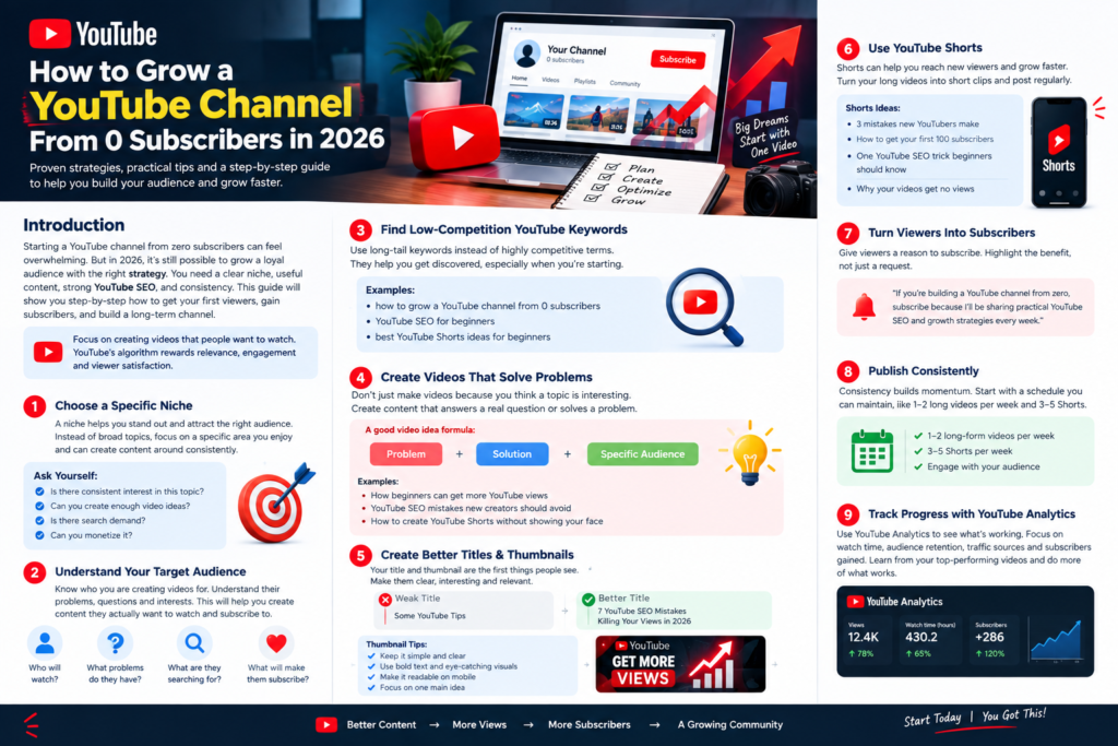 Learn how to grow a YouTube channel from 0 subscribers in 2026 with proven SEO, content, Shorts, and audience growth strategies that work.