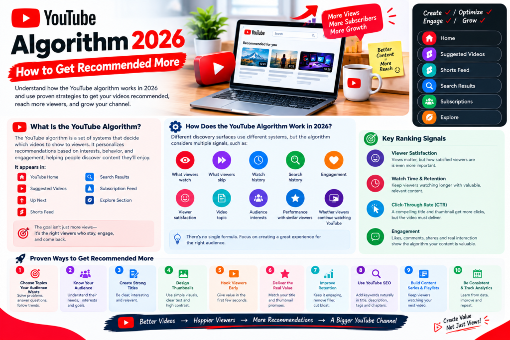Discover how the YouTube algorithm works in 2026 and learn proven strategies to get your videos recommended, reach more viewers, and grow your channel.
