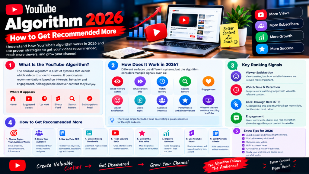 Discover how the YouTube algorithm works in 2026 and learn proven strategies to get your videos recommended, reach more viewers, and grow your channel.