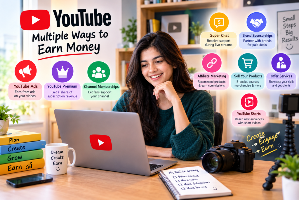 Learn how to earn money from YouTube with practical strategies for beginners, including ads, affiliate marketing, sponsorships, Shorts, and more.