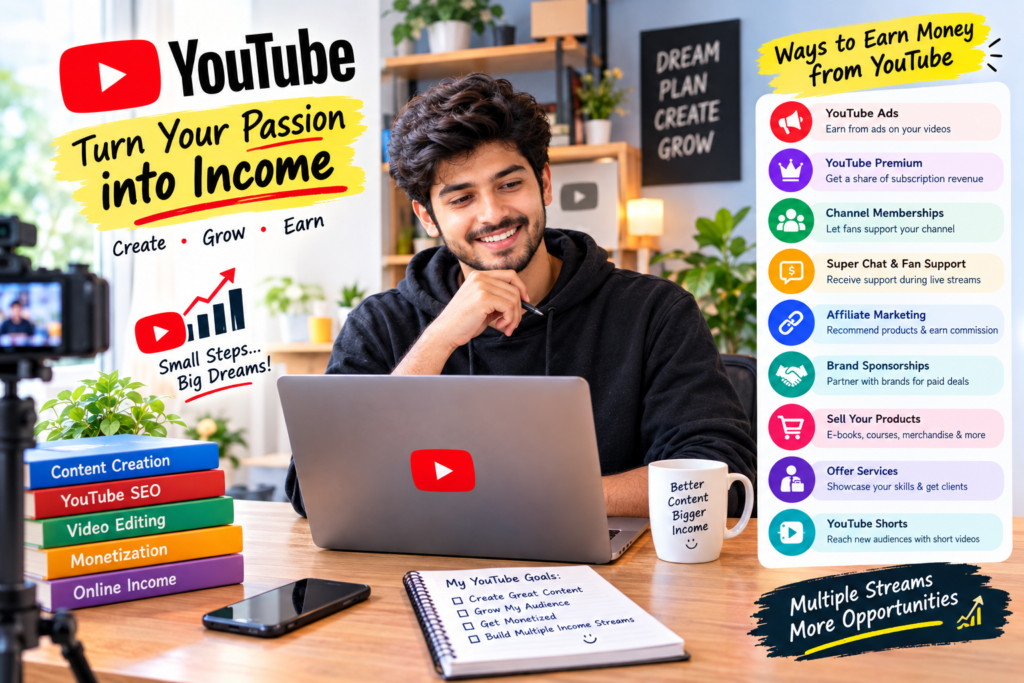 Learn how to earn money from YouTube with practical strategies for beginners, including ads, affiliate marketing, sponsorships, Shorts, and more.