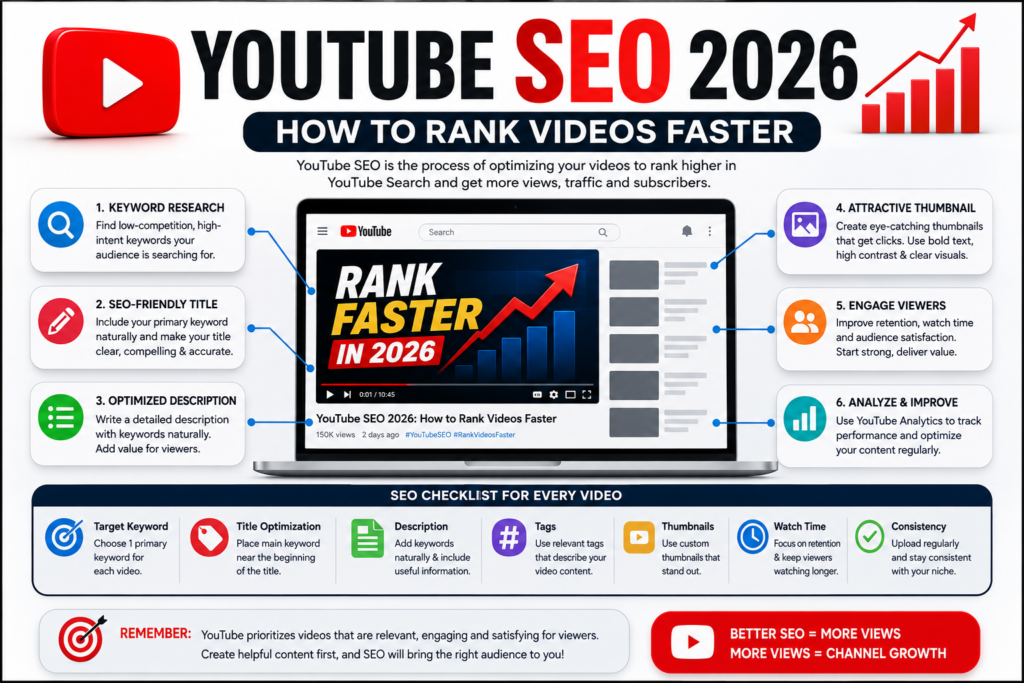Learn YouTube SEO 2026 strategies to rank videos faster, find low-competition keywords, boost views, and grow your channel organically.
