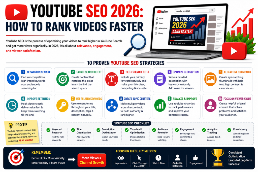 Learn YouTube SEO 2026 strategies to rank videos faster, find low-competition keywords, boost views, and grow your channel organically.