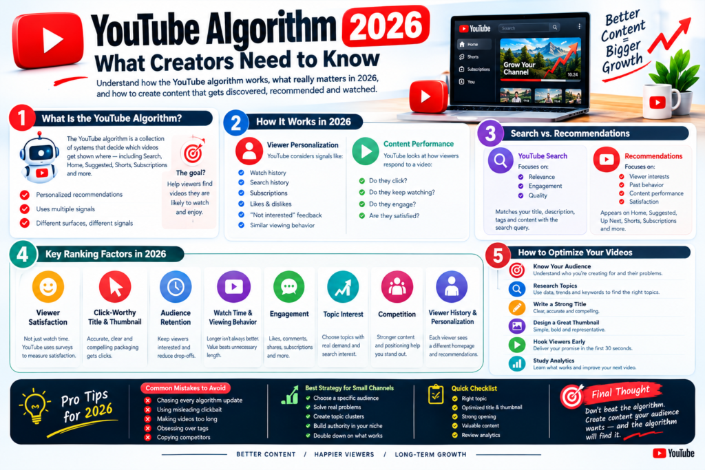 Discover how the YouTube algorithm works in 2026, with proven tips to boost video visibility, engagement, rankings, and channel growth.